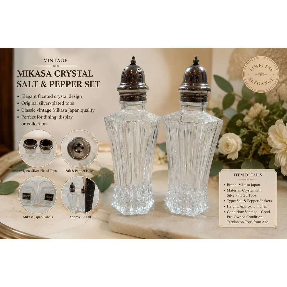 Mikasa‎ Crystal Salt and Pepper Shakers Fluted Glass Silver Tone Lids Set of 2